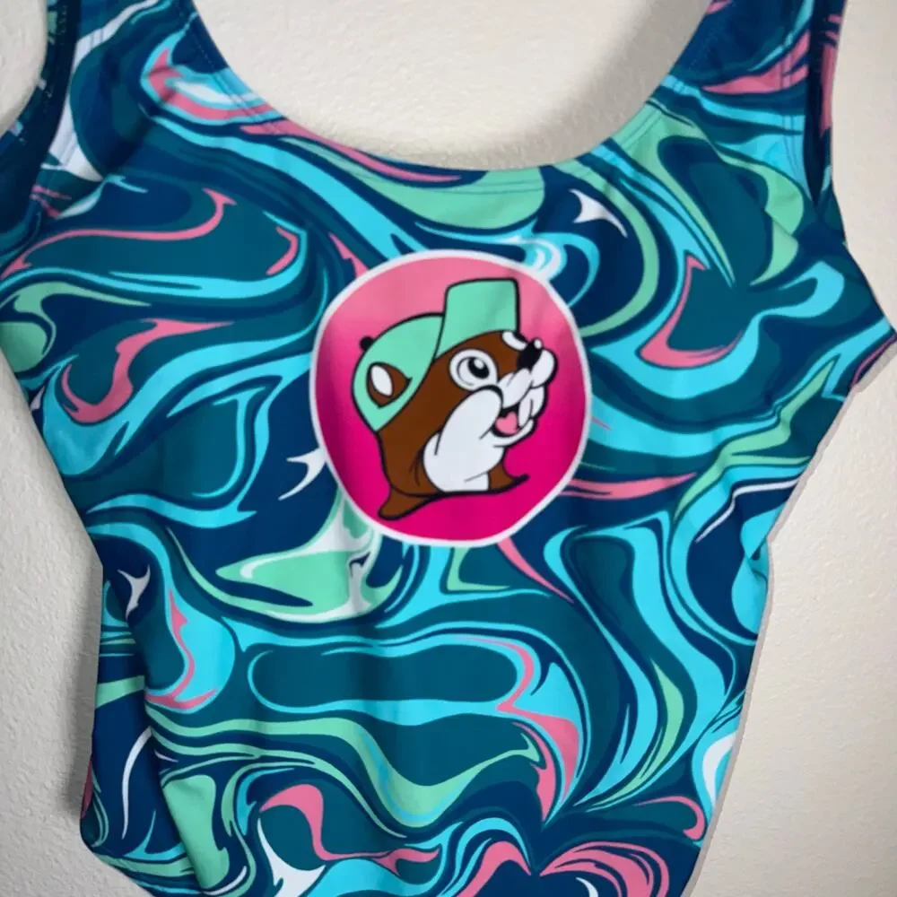 BUC’CEES teal and pink swirl character one piece vacation resort swimsuit S